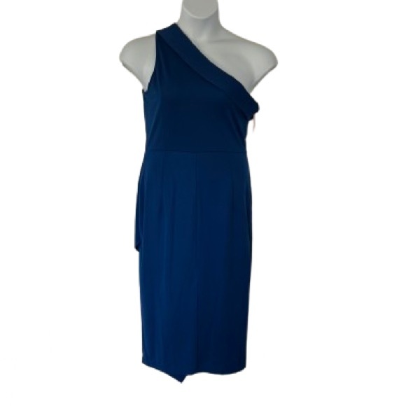 JJs House Pleated One Shoulder Sheath/Column Asymmetrical Cocktail Dress Blue - Picture 2 of 16